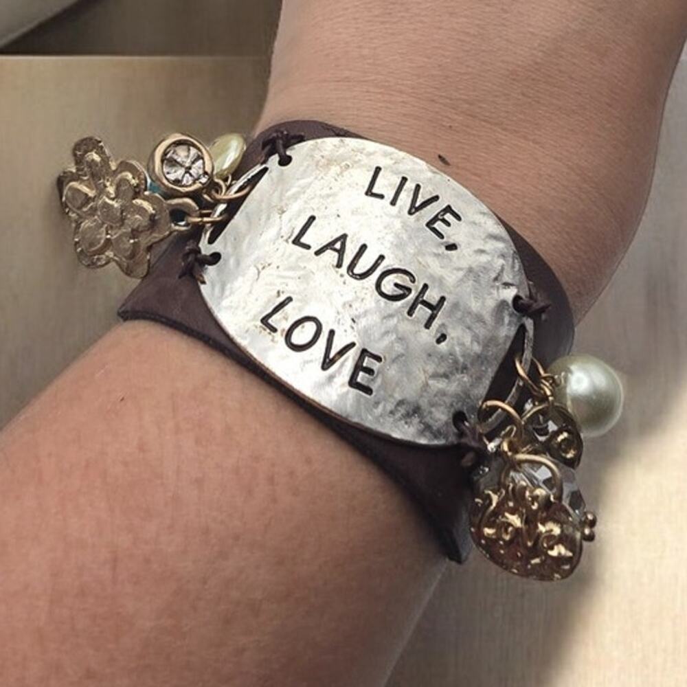 Eclectic Charm Leather Cuff Bracelet Mixed Metal Layered Charms Bracelet